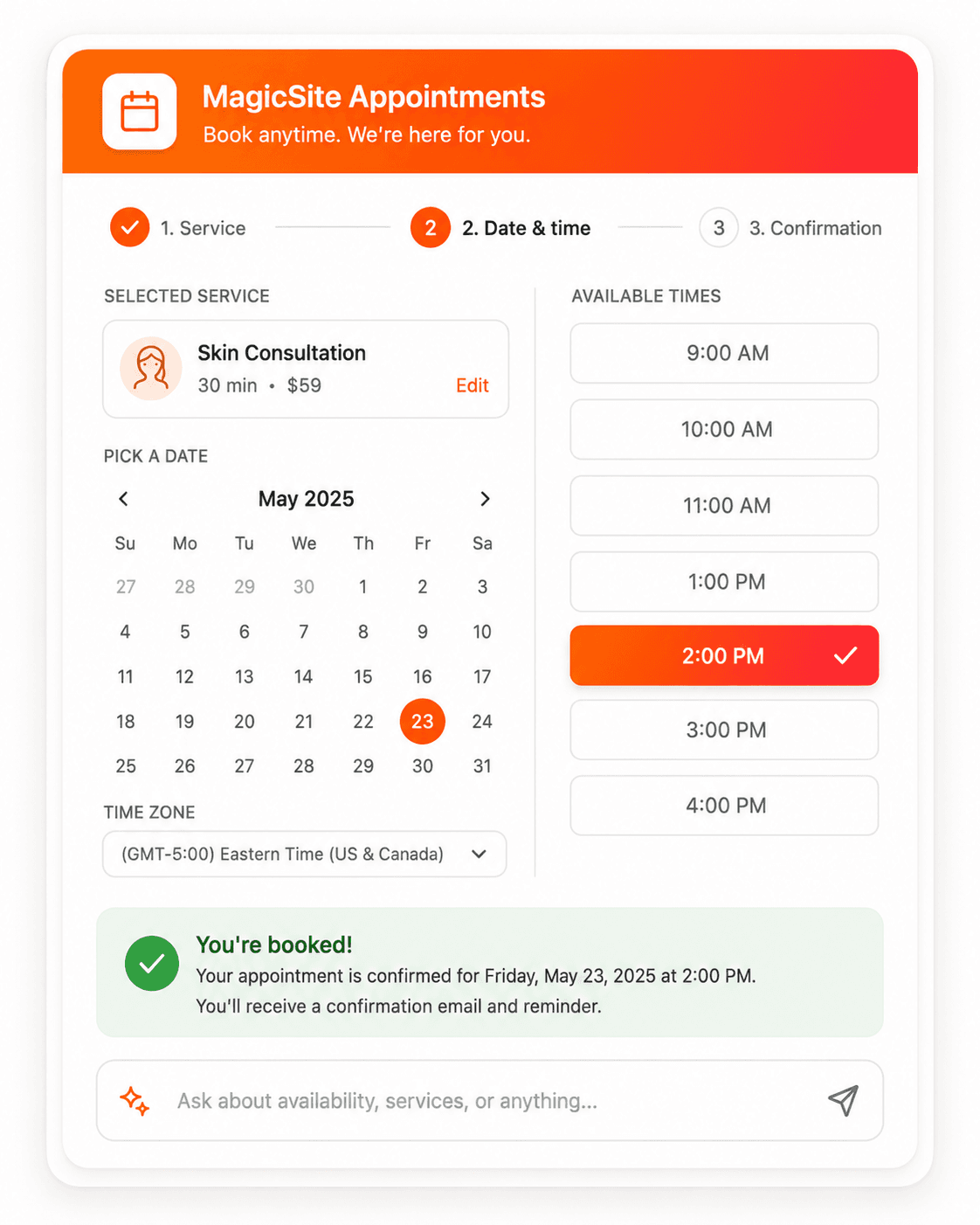 Booking request form on a MagicSite website