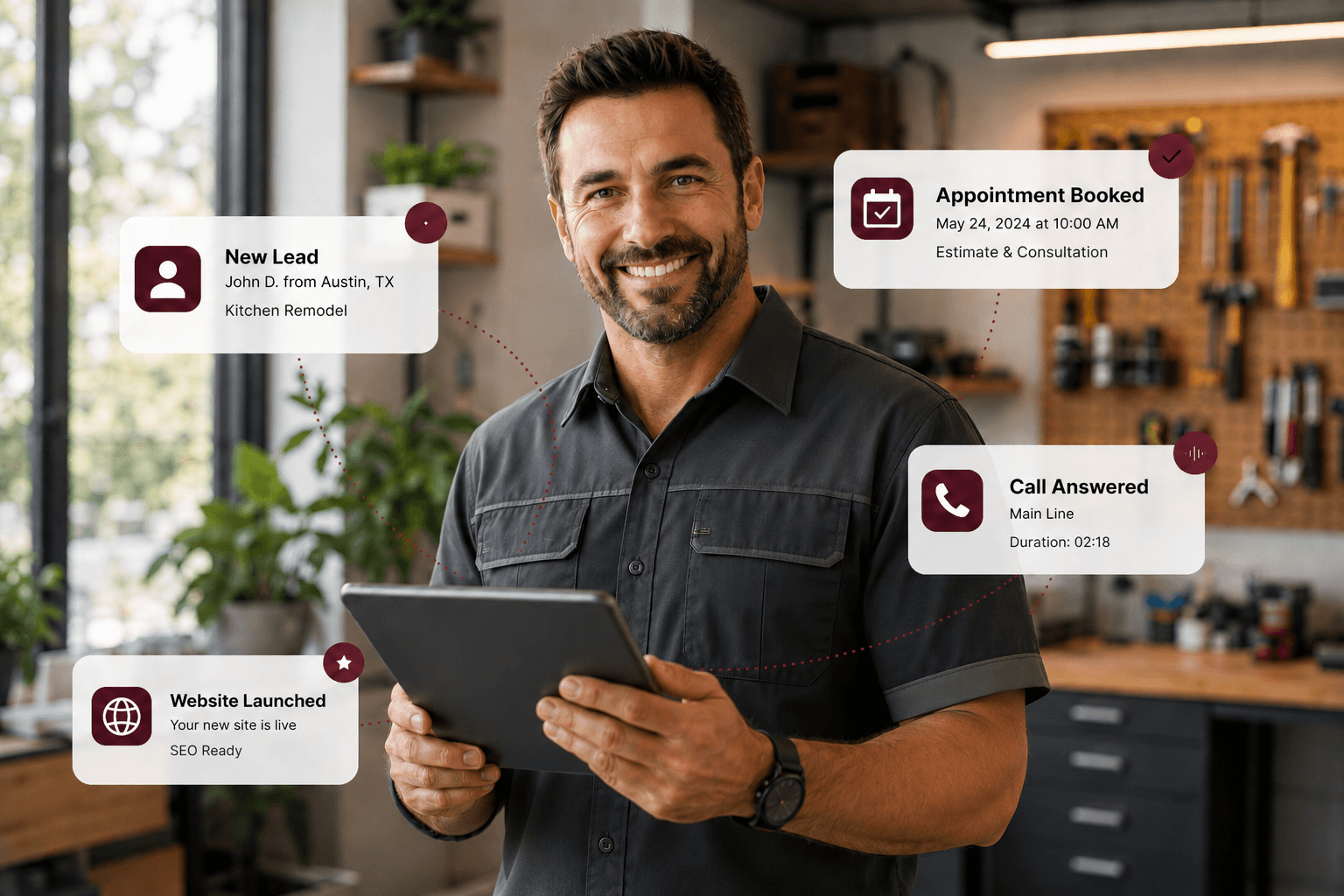 Sample HomeJob365 customer growth dashboard showing website visitors, leads, booked jobs, revenue, lead sources, call answer rate, and recent activity
