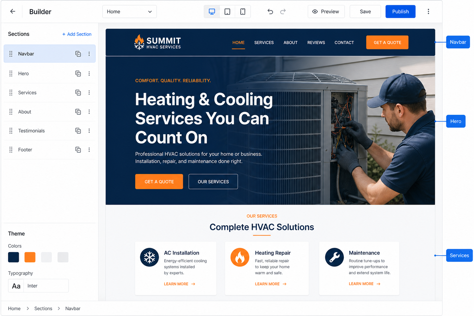 Builder canvas mockup with HVAC preview