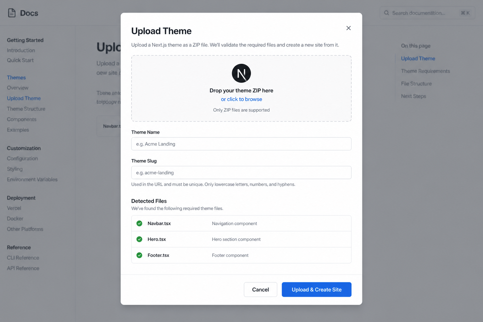 Upload Theme modal mockup